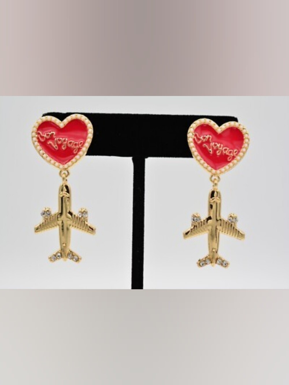 Gold Airplane Drop Earrings with Red Heart Studs